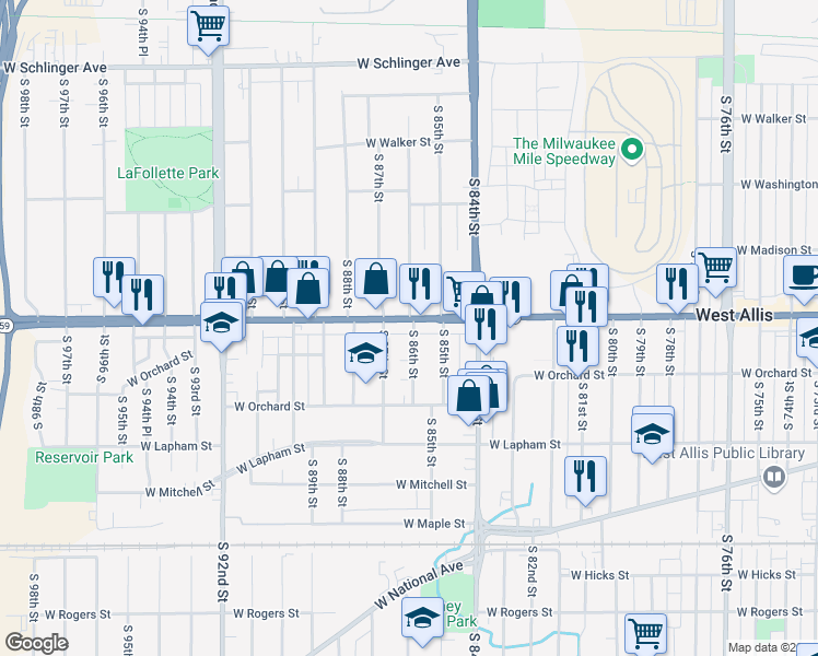 map of restaurants, bars, coffee shops, grocery stores, and more near 1355 South 86th Street in West Allis