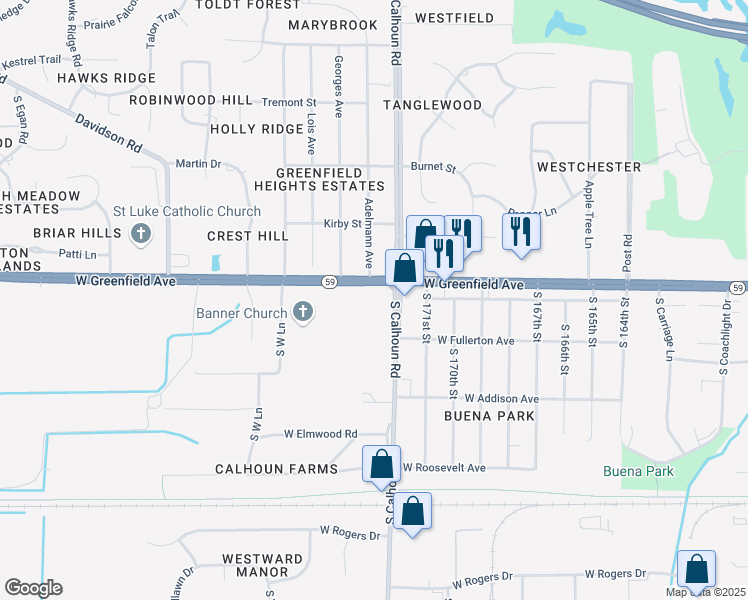 map of restaurants, bars, coffee shops, grocery stores, and more near 17235 West Greenfield Avenue in New Berlin