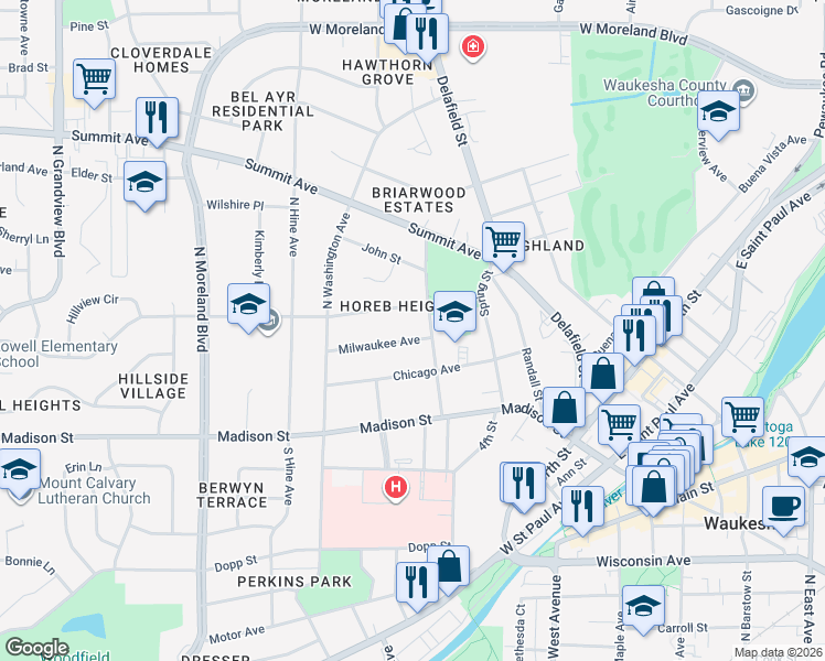 map of restaurants, bars, coffee shops, grocery stores, and more near 322 Hyde Park Avenue in Waukesha