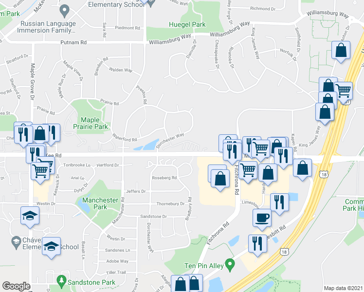 map of restaurants, bars, coffee shops, grocery stores, and more near 3050 Dorchester Way in Madison