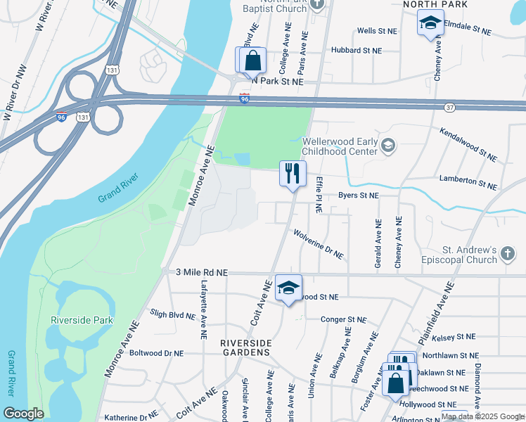 map of restaurants, bars, coffee shops, grocery stores, and more near 2930 Rurah Avenue Northeast in Grand Rapids