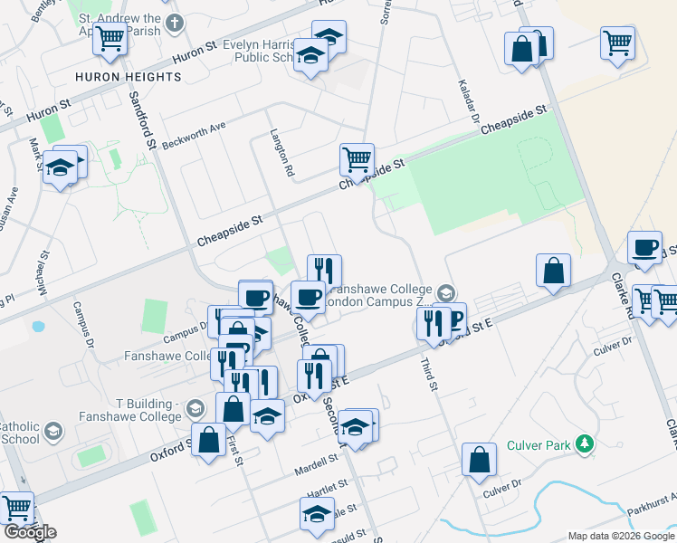 map of restaurants, bars, coffee shops, grocery stores, and more near 282 Fleming Drive in London