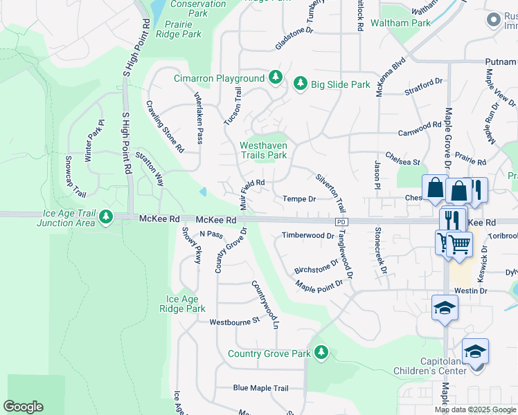 map of restaurants, bars, coffee shops, grocery stores, and more near 3145 Muir Field Road in Madison