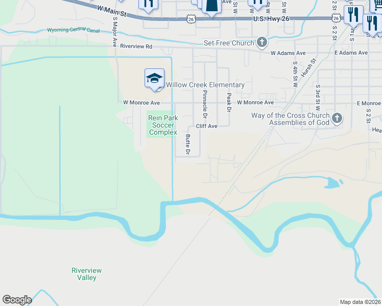 map of restaurants, bars, coffee shops, grocery stores, and more near 810 Tundra Drive in Riverton