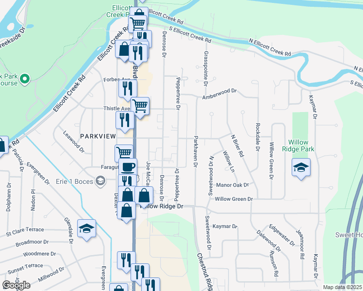 map of restaurants, bars, coffee shops, grocery stores, and more near 169 Tanglewood Drive in Buffalo