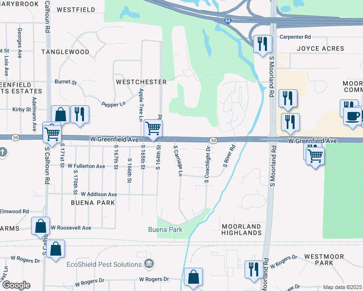 map of restaurants, bars, coffee shops, grocery stores, and more near 1400 South Carriage Lane in New Berlin
