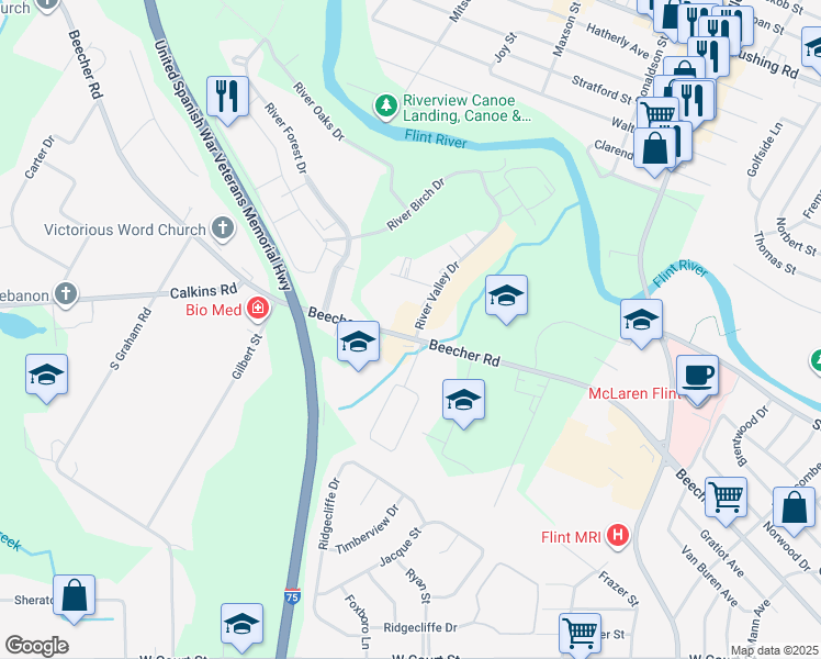map of restaurants, bars, coffee shops, grocery stores, and more near Beecher Road in Flint