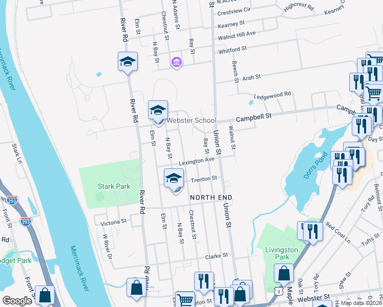 map of restaurants, bars, coffee shops, grocery stores, and more near 1077 Chestnut Street in Manchester