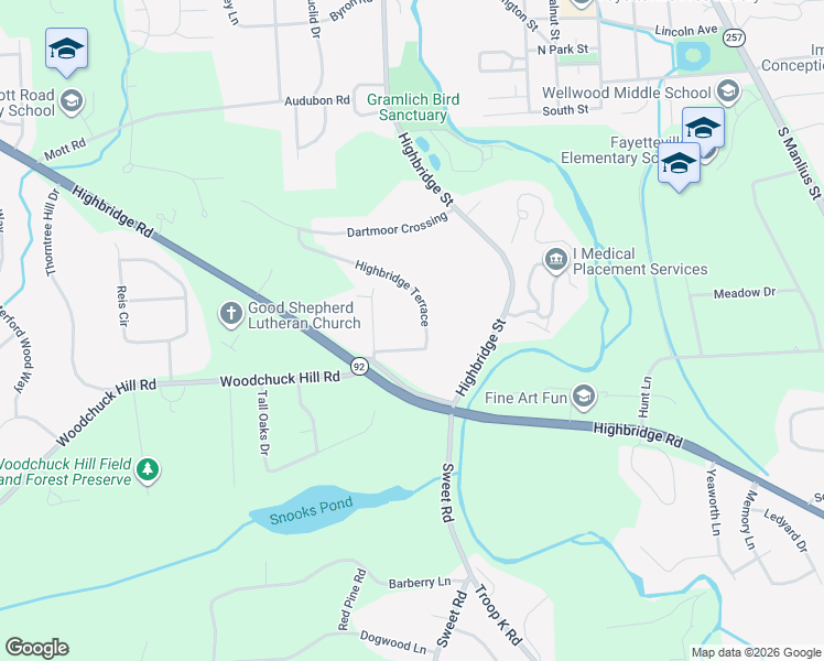 map of restaurants, bars, coffee shops, grocery stores, and more near 7405 Highbridge Terrace in Fayetteville