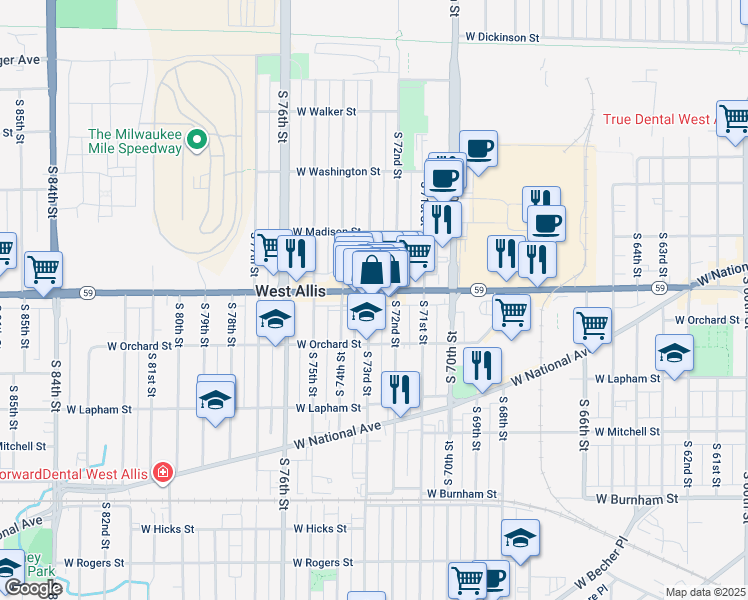 map of restaurants, bars, coffee shops, grocery stores, and more near 7240 West Greenfield Avenue in West Allis