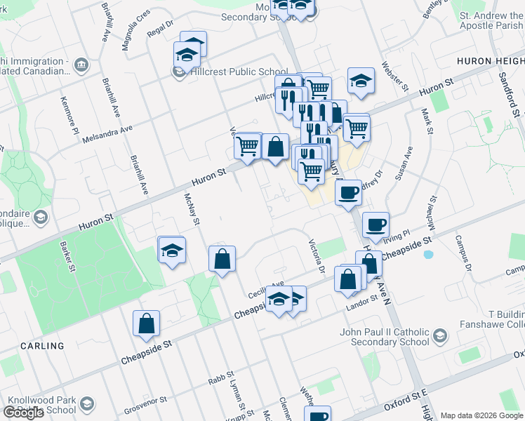map of restaurants, bars, coffee shops, grocery stores, and more near 1247 Huron Street in London