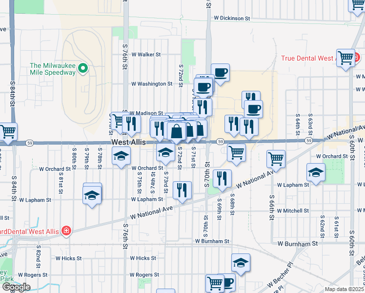 map of restaurants, bars, coffee shops, grocery stores, and more near 7130 West Greenfield Avenue in West Allis