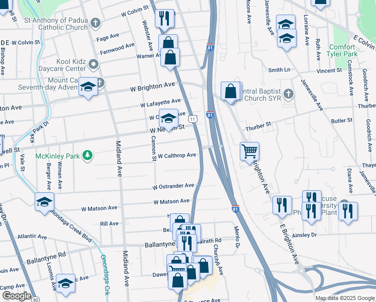 map of restaurants, bars, coffee shops, grocery stores, and more near 113 West Pleasant Avenue in Syracuse