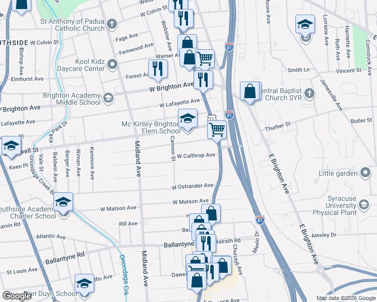 map of restaurants, bars, coffee shops, grocery stores, and more near 133 West Pleasant Avenue in Syracuse