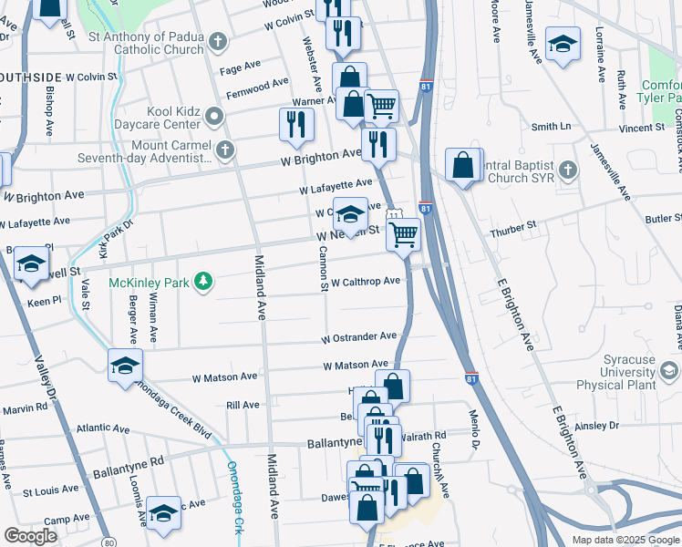 map of restaurants, bars, coffee shops, grocery stores, and more near 133 West Pleasant Avenue in Syracuse