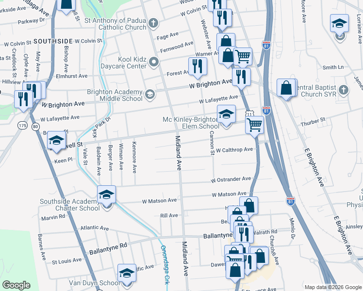 map of restaurants, bars, coffee shops, grocery stores, and more near 236 West Pleasant Avenue in Syracuse