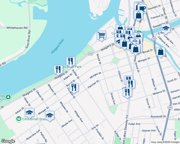 map of restaurants, bars, coffee shops, grocery stores, and more near 286 Broad Street in Tonawanda