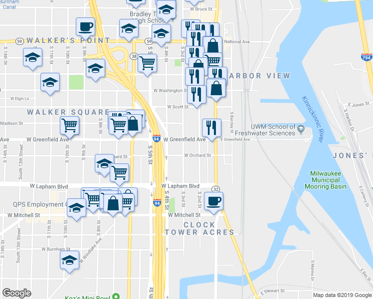 map of restaurants, bars, coffee shops, grocery stores, and more near 58 West Greenfield Avenue in Milwaukee