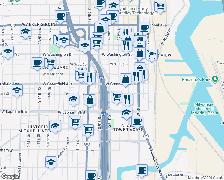 map of restaurants, bars, coffee shops, grocery stores, and more near 1402 South 4th Street in Milwaukee