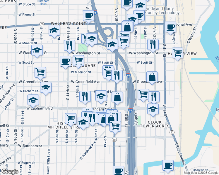 map of restaurants, bars, coffee shops, grocery stores, and more near 1338 South 7th Street in Milwaukee