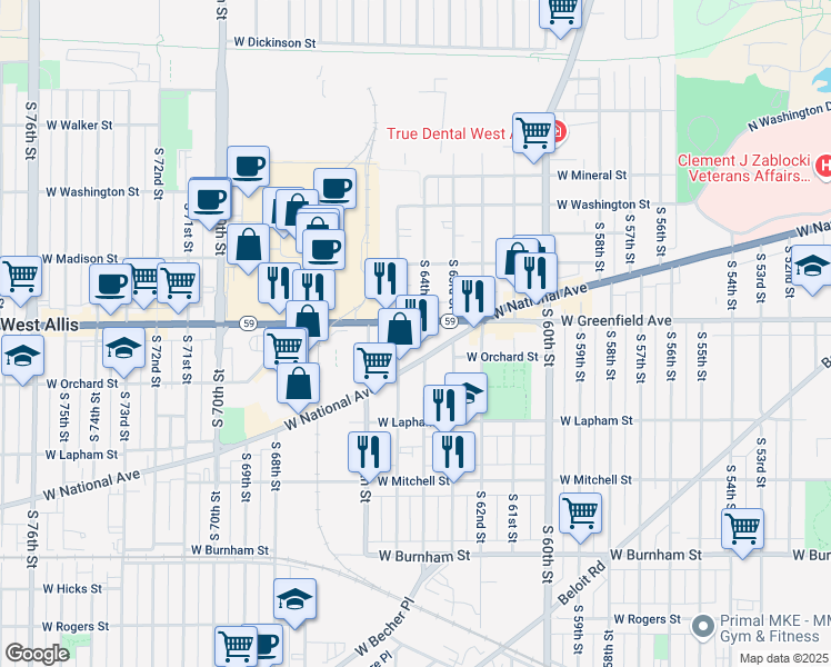 map of restaurants, bars, coffee shops, grocery stores, and more near 6426 West Greenfield Avenue in West Allis