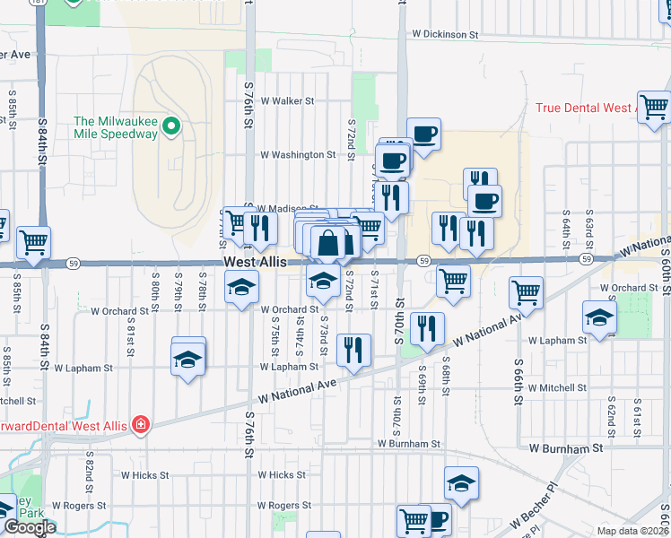 map of restaurants, bars, coffee shops, grocery stores, and more near 7227 West Greenfield Avenue in Milwaukee