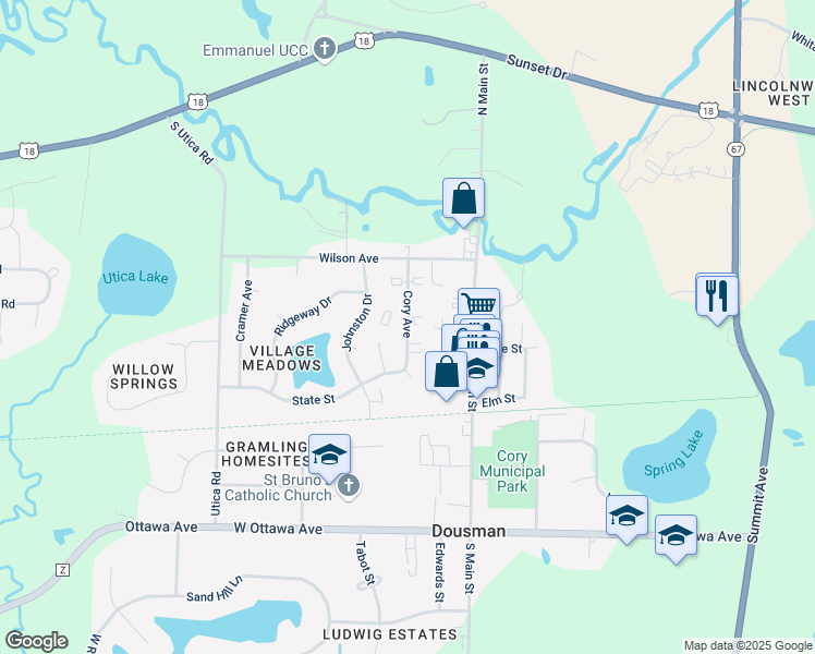 map of restaurants, bars, coffee shops, grocery stores, and more near 247 Cory Avenue in Dousman