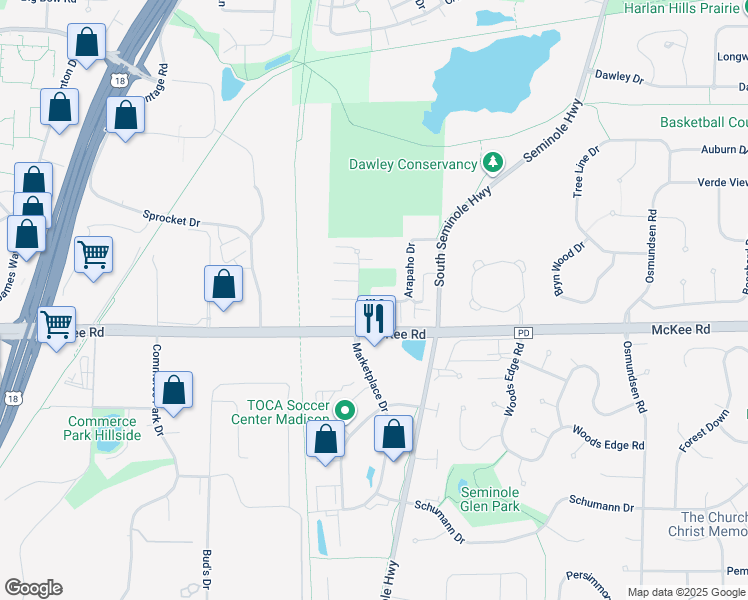 map of restaurants, bars, coffee shops, grocery stores, and more near 6098 Viroqua Drive in Fitchburg