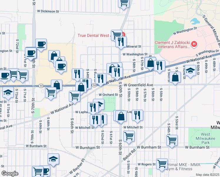 map of restaurants, bars, coffee shops, grocery stores, and more near in West Allis