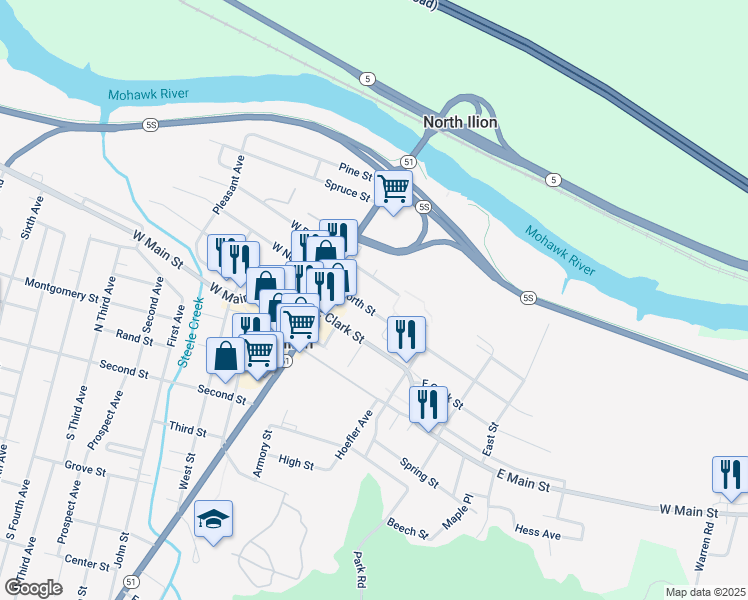 map of restaurants, bars, coffee shops, grocery stores, and more near 37 East North Street in Ilion