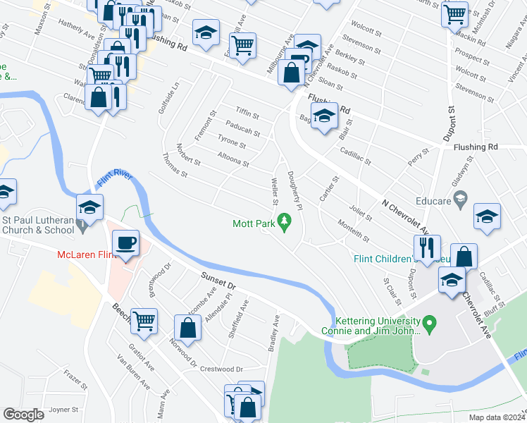 map of restaurants, bars, coffee shops, grocery stores, and more near 2411 Thomas Street in Flint