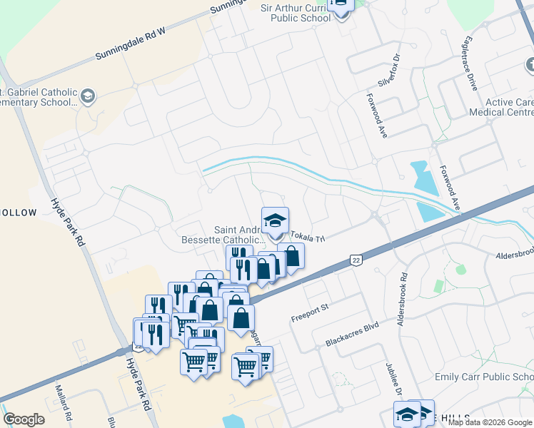 map of restaurants, bars, coffee shops, grocery stores, and more near Foxridge Crescent in London