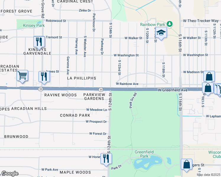 map of restaurants, bars, coffee shops, grocery stores, and more near W Greenfield Ave & S 124th St in Milwaukee