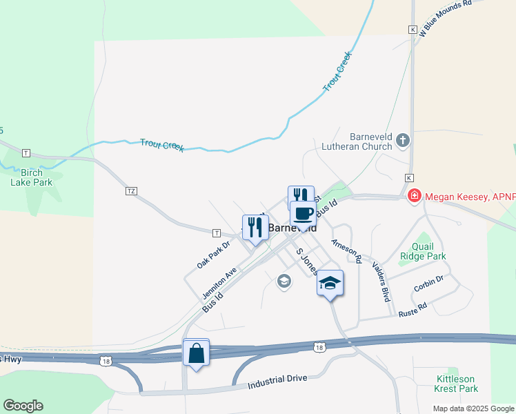 map of restaurants, bars, coffee shops, grocery stores, and more near 307 North Jones Street in Barneveld