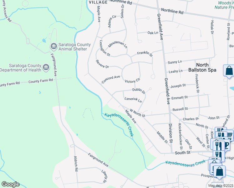 map of restaurants, bars, coffee shops, grocery stores, and more near 48 Dublin Drive in Ballston Spa