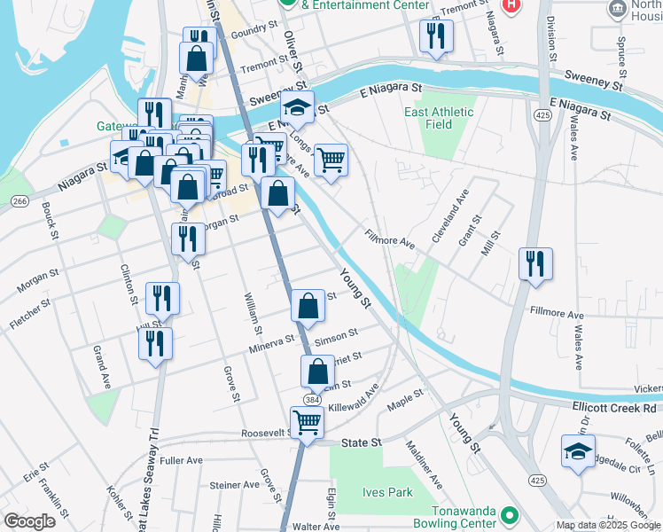 map of restaurants, bars, coffee shops, grocery stores, and more near 171 Young Street in Tonawanda