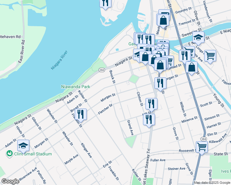 map of restaurants, bars, coffee shops, grocery stores, and more near 255 Broad Street in Tonawanda