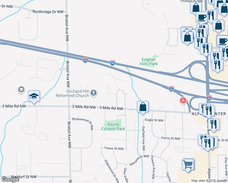map of restaurants, bars, coffee shops, grocery stores, and more near 2930 Vistaview Court Northwest in Grand Rapids