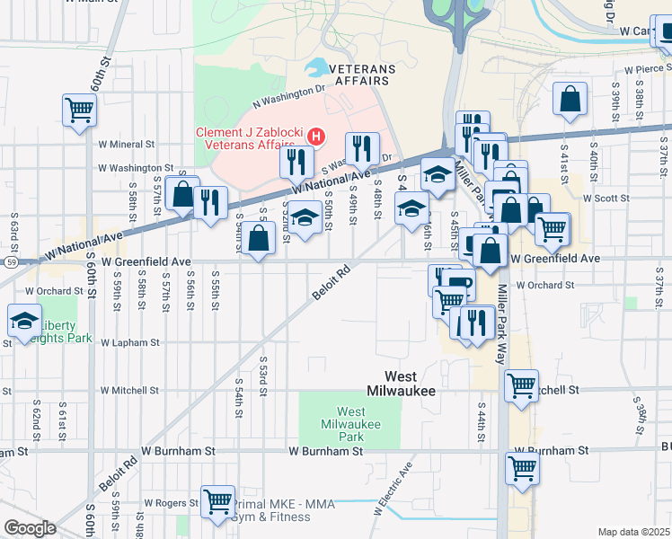 map of restaurants, bars, coffee shops, grocery stores, and more near 1339 South 49th Street in West Milwaukee