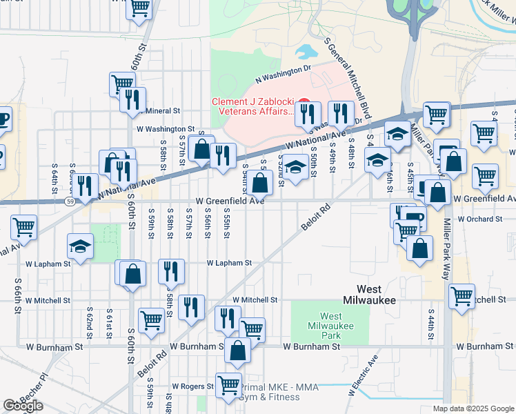 map of restaurants, bars, coffee shops, grocery stores, and more near 5310 West Greenfield Avenue in West Milwaukee
