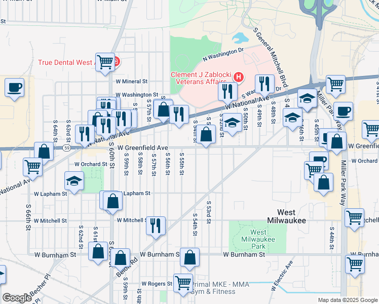 map of restaurants, bars, coffee shops, grocery stores, and more near 5420 West Greenfield Avenue in West Milwaukee