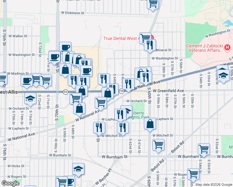 map of restaurants, bars, coffee shops, grocery stores, and more near 6330 West Greenfield Avenue in West Allis
