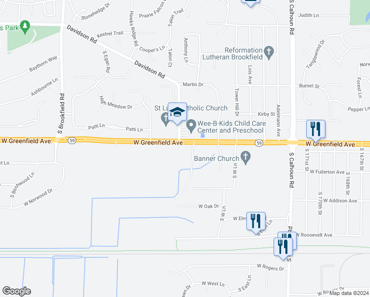 map of restaurants, bars, coffee shops, grocery stores, and more near 18000 West Greenfield Avenue in Brookfield