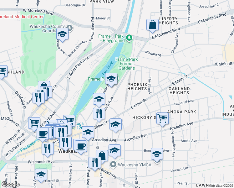 map of restaurants, bars, coffee shops, grocery stores, and more near 1165 White Rock Avenue in Waukesha