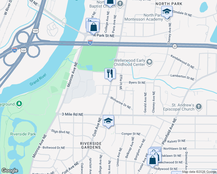 map of restaurants, bars, coffee shops, grocery stores, and more near 2941 Coit Avenue Northeast in Grand Rapids