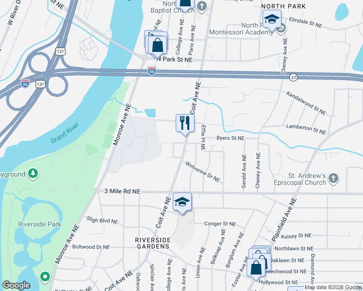 map of restaurants, bars, coffee shops, grocery stores, and more near 2965 Coit Avenue Northeast in Grand Rapids