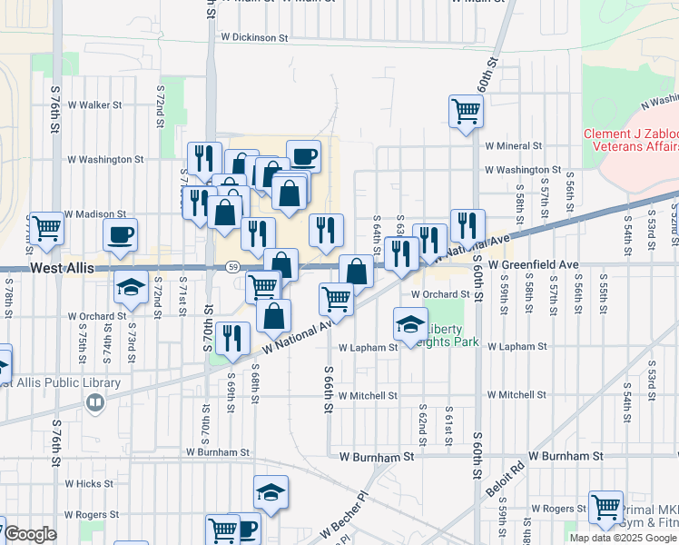 map of restaurants, bars, coffee shops, grocery stores, and more near 6519 West Greenfield Avenue in West Allis