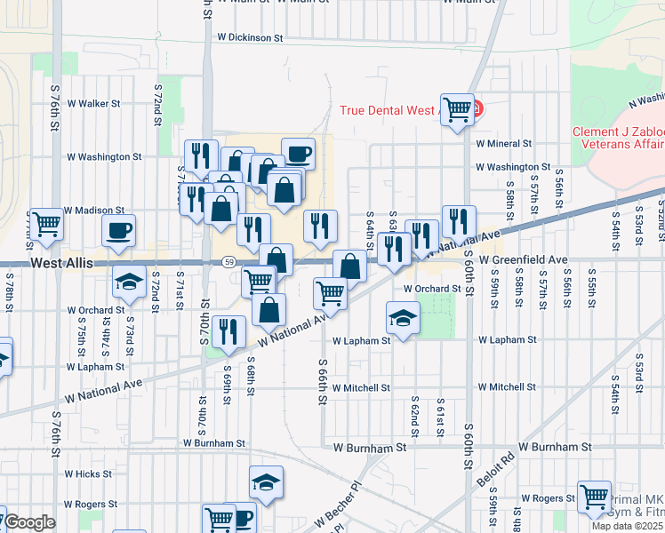 map of restaurants, bars, coffee shops, grocery stores, and more near 6519 West Greenfield Avenue in Milwaukee