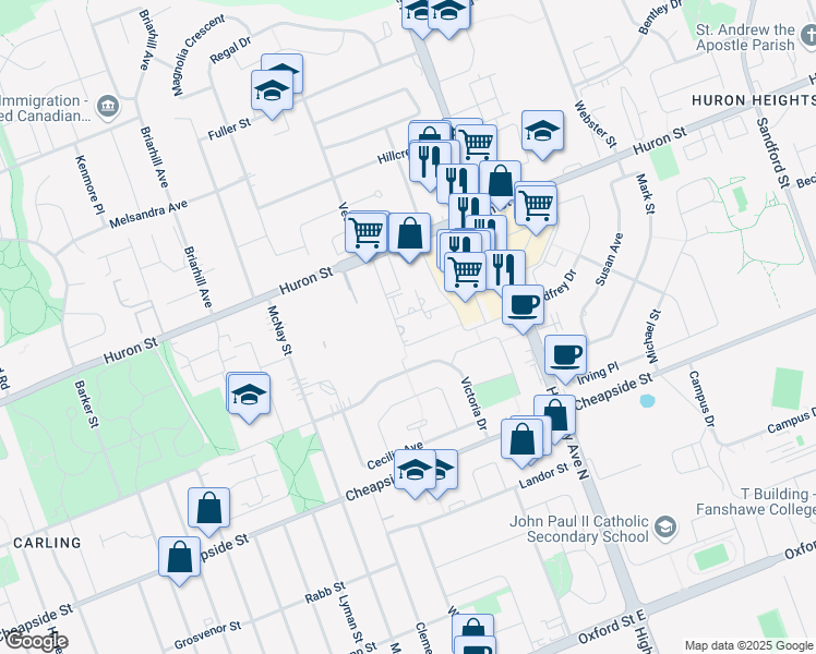 map of restaurants, bars, coffee shops, grocery stores, and more near 1257 Huron Street in London