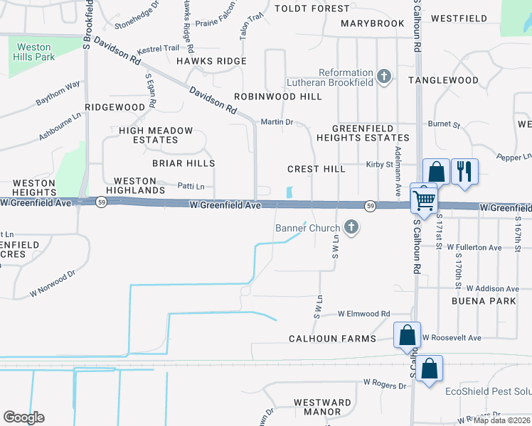 map of restaurants, bars, coffee shops, grocery stores, and more near 1350 Davidson Road in Brookfield